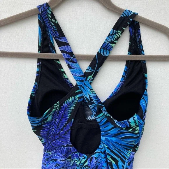 Speedo Size 6 One Piece Swimsuit Blue Floral Fern Leaves Botanical Bathing Suit - Picture 6 of 11